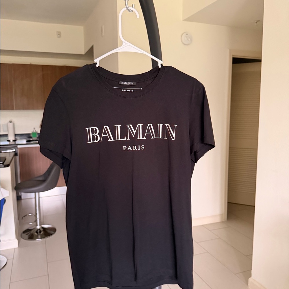 Balmain Black Tee with Silver Chest Print